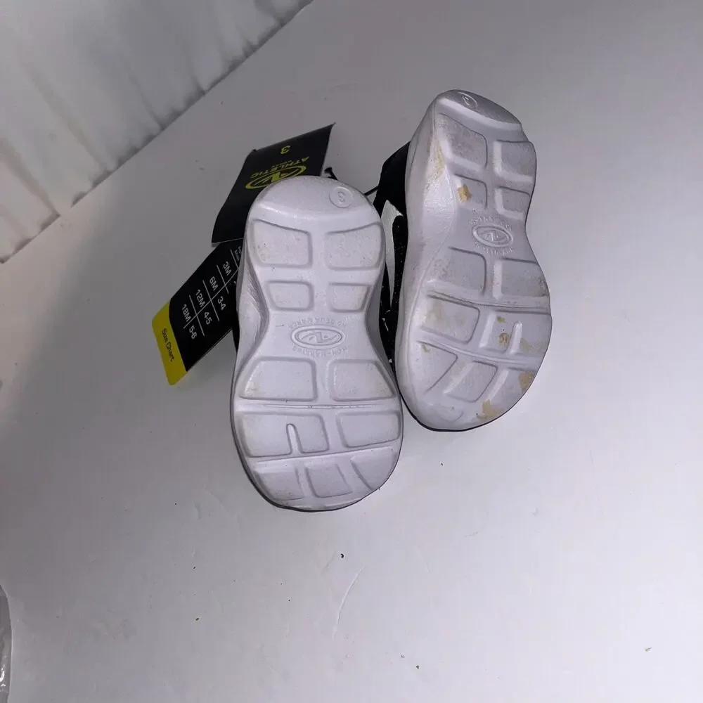 NWT Athletic Works Baby Sneakers Size 3 Black White Hook & Loop 6M